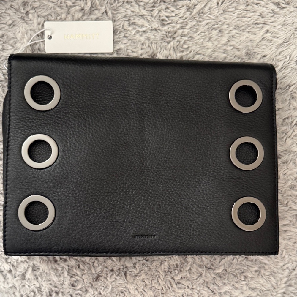 Hammitt Montana Clutch Lrg Black Leather Bag with Gunmetal grommets